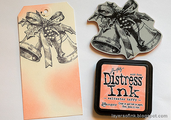 Layers of ink - Christmas Bells Tag Tutorial by Anna-Karin Evaldsson. Stamp with Tim Holtz Department Store.