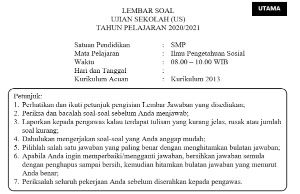 Soal dan Kunci Jawaban Ujian Sekolah IPS SMP Tahun Pelajaran 2020/2021 Kurikulum Darurat