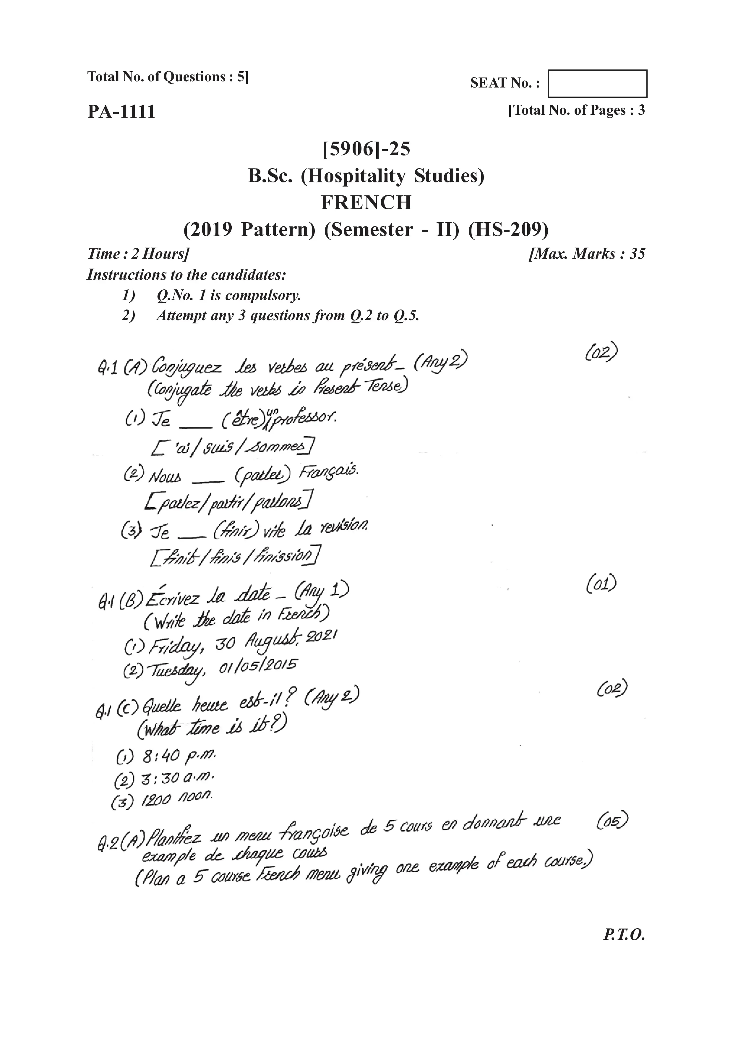 BSC(HS) FRENCH Question Paper (2019 Pattern) (Semester - II)
