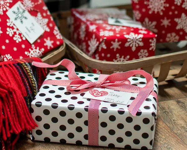 wrapped Christmas gifts with ribbon