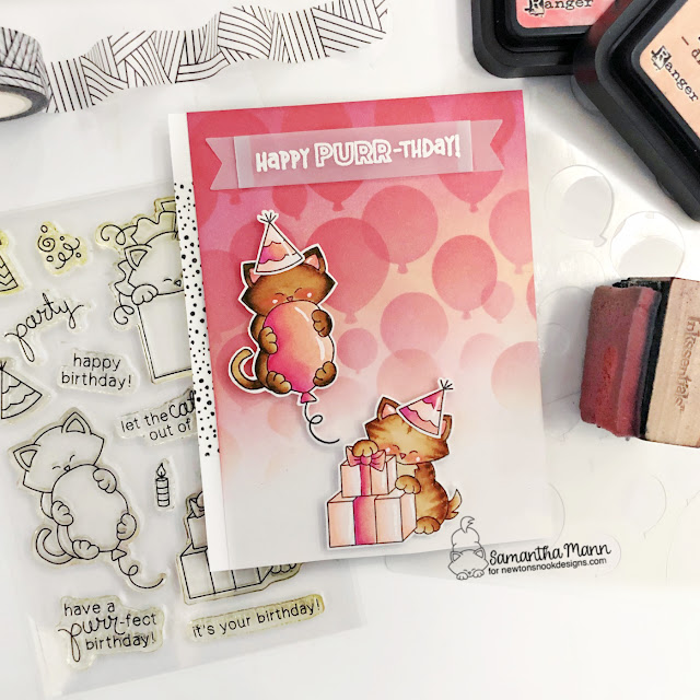 Happy PURR-thday Card by Samantha Mann | Newton's Birthday Bash Stamp Set, Bokeh Balloons Stencil Set, Banner Trio Die set and Heartfelt Meows Stamp Set by Newton's Nook Designs #newtonsnook #handmade