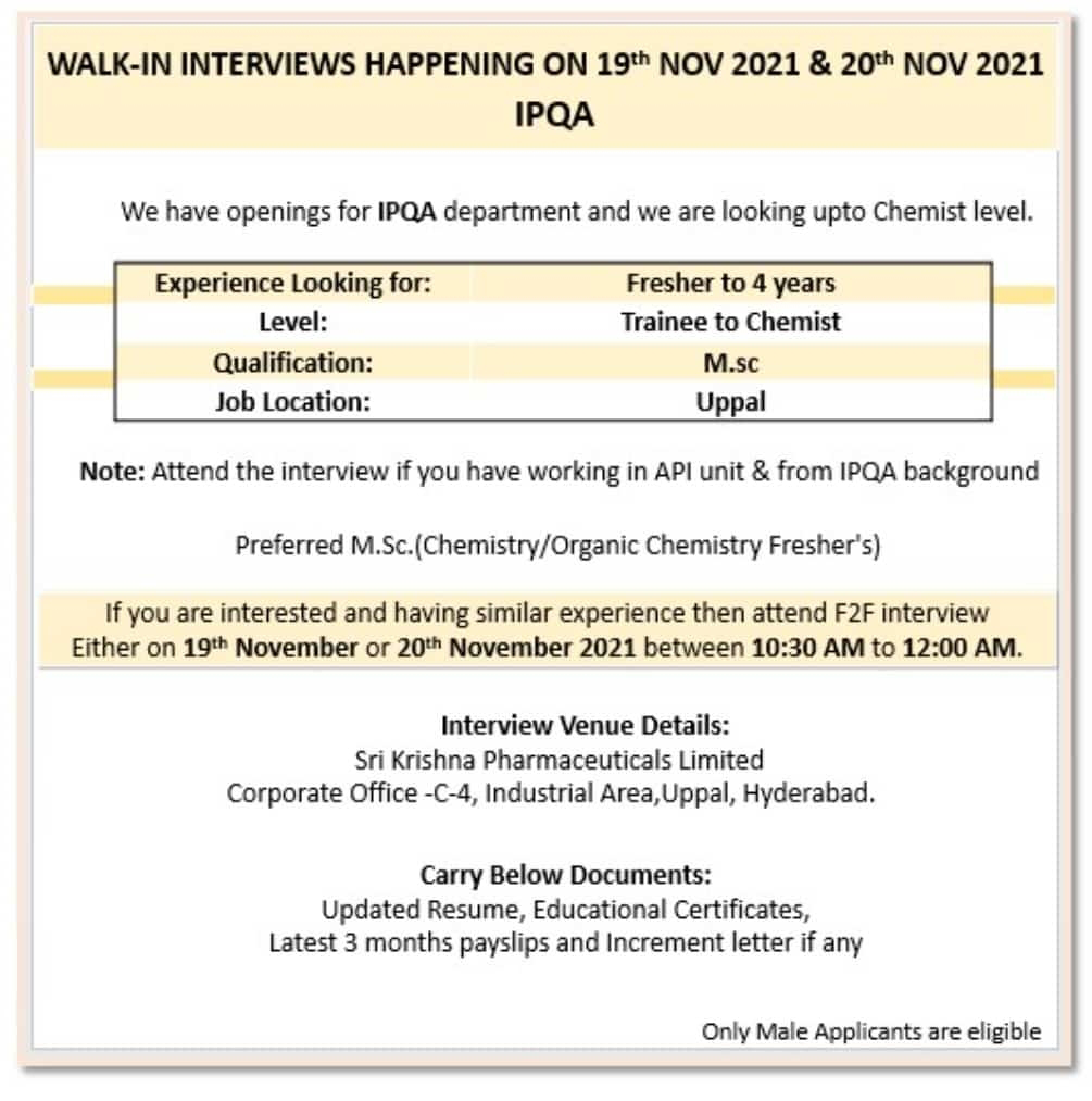 Job Availables,Sri Krishna Pharmaceuticals Limited Walk-In-Interviews For MSc-Freshers/ Experienced