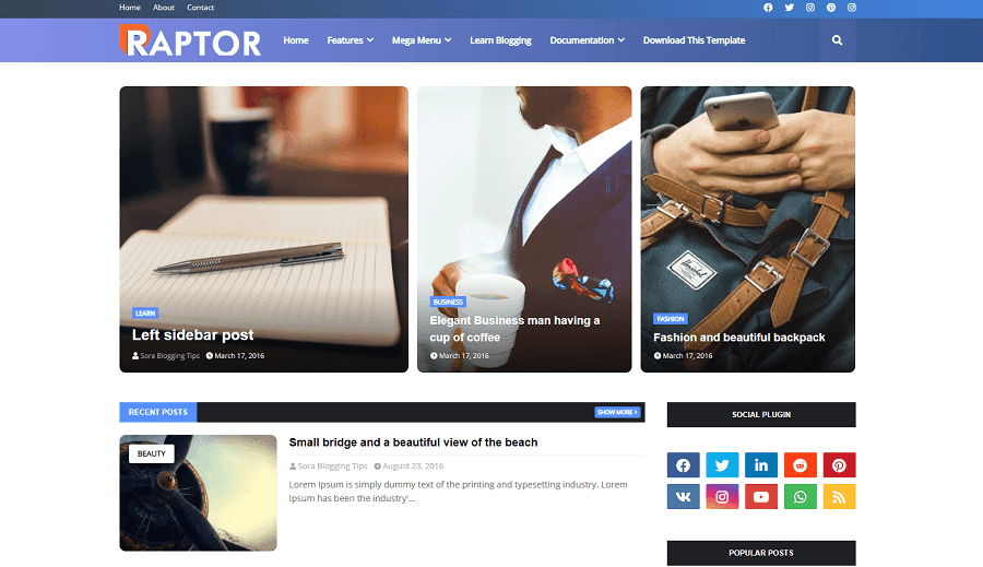 Raptor v1.0 - Responsive Magazine Blogger Template