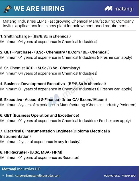 Matangi Industries Hiring For Production/ GET/ R&D/ Business Development/Account & Finance/ Electrical & Instrumentation