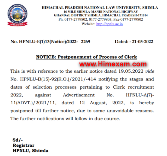 Postponement of Process of Clerk:- HPNLU Shimla