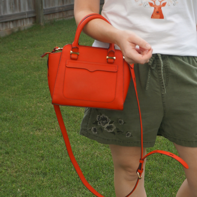 olive shorts and Rebecca Minkoff red micro Avery cross body bag | awayfromtheblue