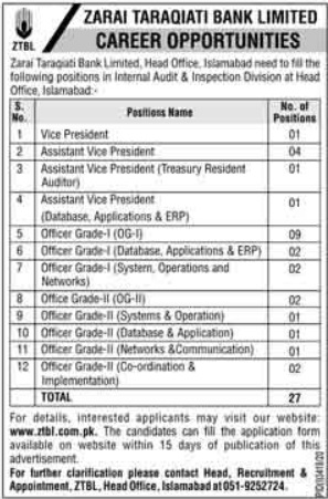 Zarai Tarakiati Bank Limited ZTBL Islamabad Jobs 2021 for Officers Grade-I & Grade-II, 27 Posts