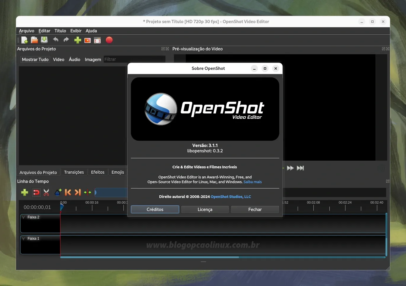 OpenShot executando no Fedora 40 Workstation