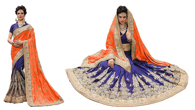 Panash Trends Women's Satin Silk Heavy Embroidery Work Saree (K706.Orange)