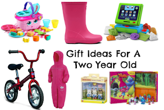 Small image that links to 'Gift Guide For 2 Year Olds' The image shows a balance bike, A all in one waterproof suit, a pair of wellington boots, busy books, sylvanian families,  a Leapfrog Till and a Leapfrog Picnic Basket