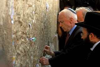 U.S. Republican presidential candidate Senator John McCain visits the Western Wall, Judaism's holiest prayer site, in Jerusalem's Old City. His visit to Israel is part of a Middle East fact finding tour. 