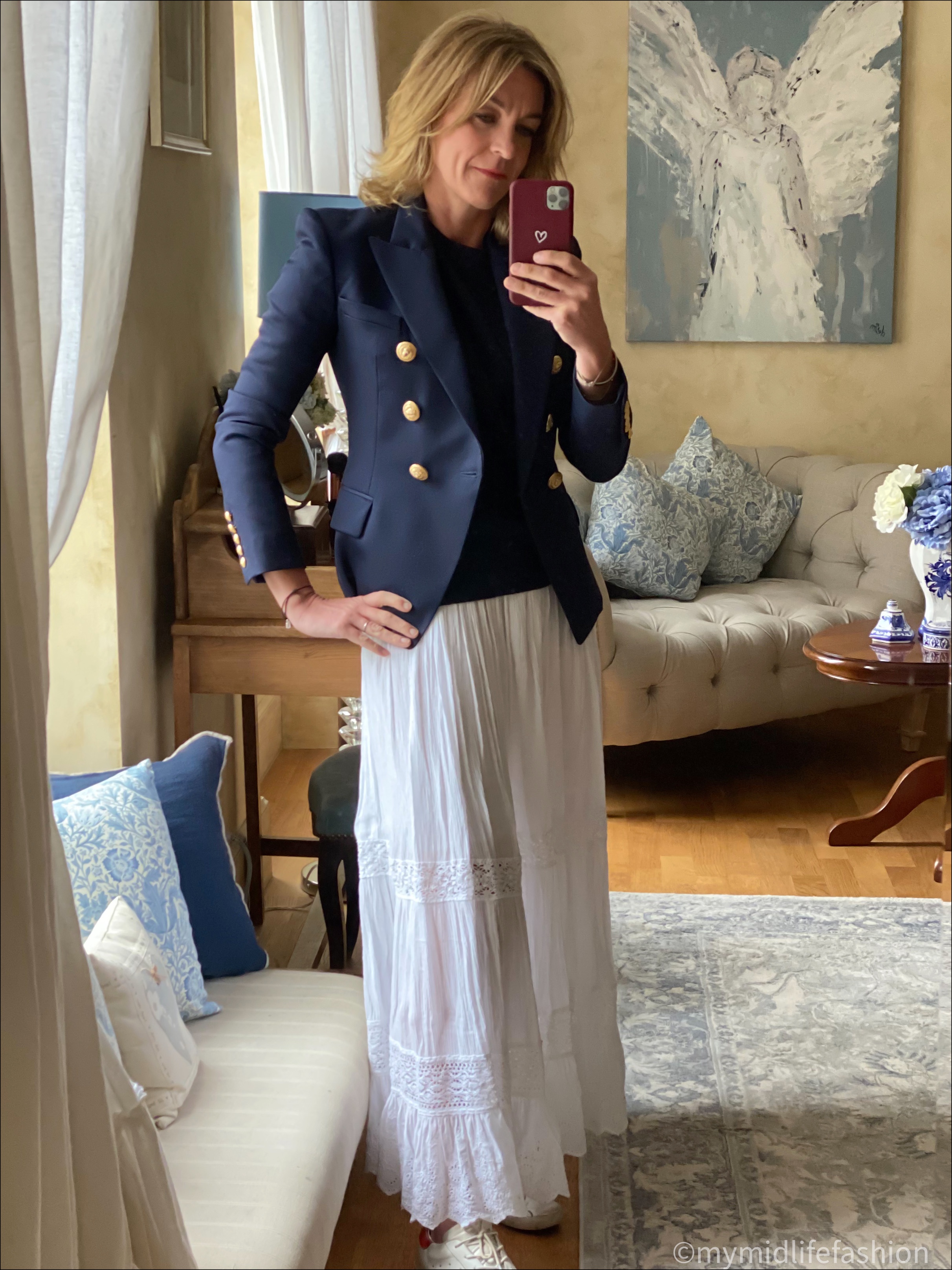 my midlife fashion, Balmain double breasted blazer, marks and Spencer pure cashmere crew neck jumper, Ralph Lauren white maxi skirt, golden goose superstar low top leather trainers