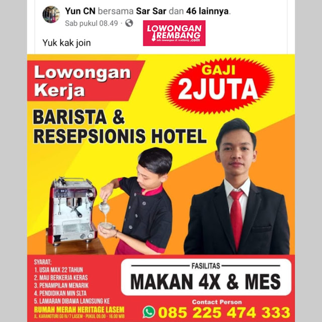 Lowongan Kerja Pegawai Barista dan Resepsionis Hotel Rumah Merah Heritage Lasem Rembang