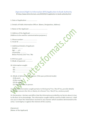 RTI Application to Bank format