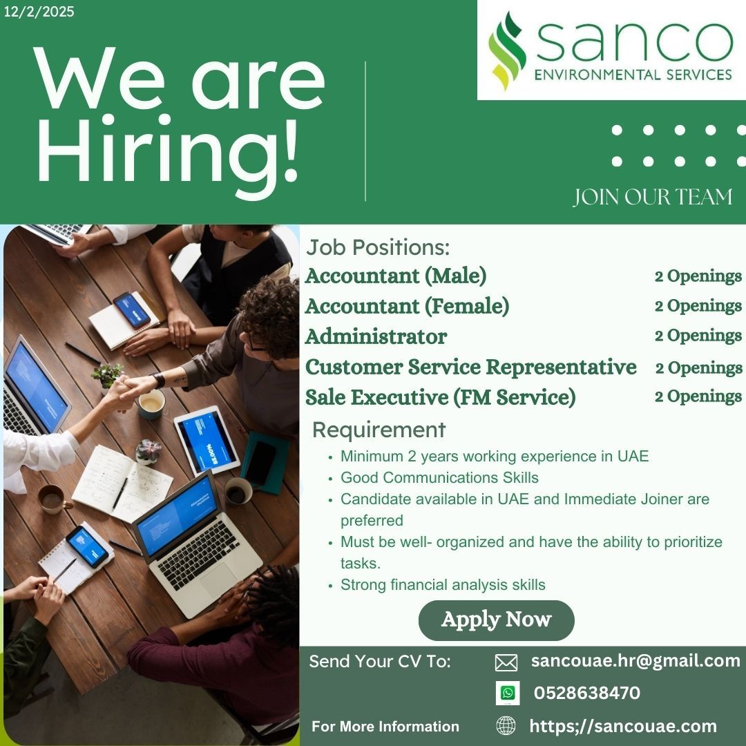 Multiple Job Openings at Sanco Environmental Services | Latest Jobs in Dubai 2025