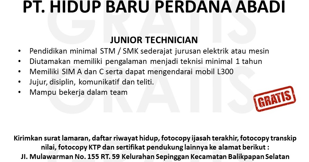 Lowongan Kerja Kota Balikpapan: Lowongan PT. HIDUP BARU 