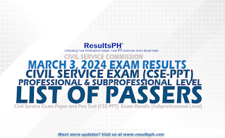 FULL RESULTS: March 3 2024 Civil Service Exam Results (Professional and Subprofessional Level) List of Passers