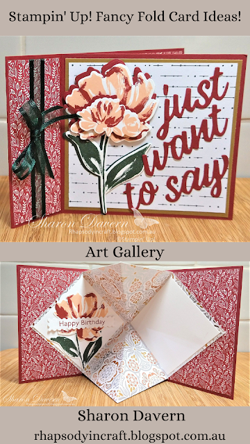 Rhapsody in craft, Cherry Cobbler, Art Gallery, Art Gallery Bundle, Floral Gallery Dies, Birthday Card, Fun Fold, Fancy Fold, Book fold Card, Pop up Fold, Pop up Surprise Card, Simply Elegant Specialty DSP, Tidings of Christmas DSP, Gold Shimmer Vellum, Friendship Card, #colourcreationsblophop, #loveitchopit,Stampin' Up!