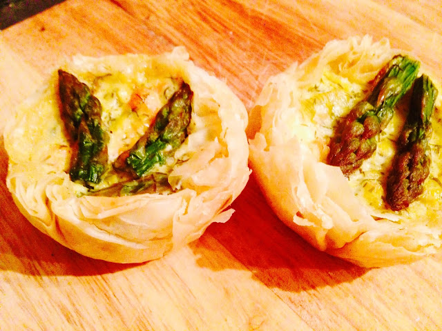 Double salmon, feta and asparagus fillo tartlets