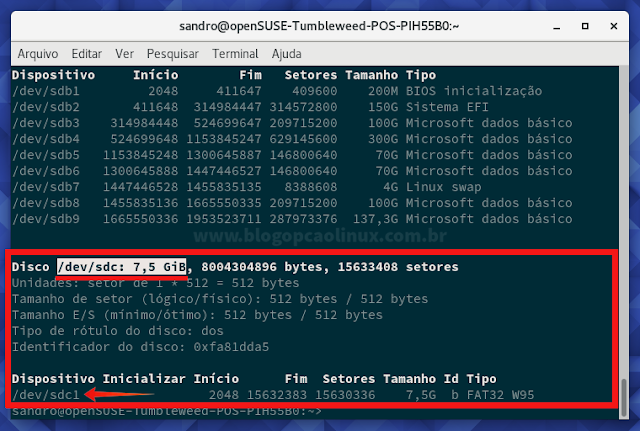 Comando fdisk -l, mostrando todos os discos do computador, incluindo o pen drive