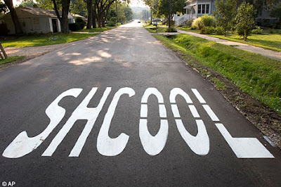 The word 'SHCOOL'is a spelling mistake on a road near Northwood Elementary in the town of Kalamazoo in the state of Michigan
