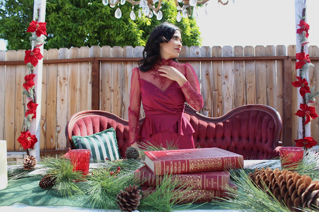 A Stylish Love Story Blog California lifestyle blogger Joanna Joy Vintage Christmas Victorian Style Christmas velvet French settee burgundy lace chandelier poinsettia