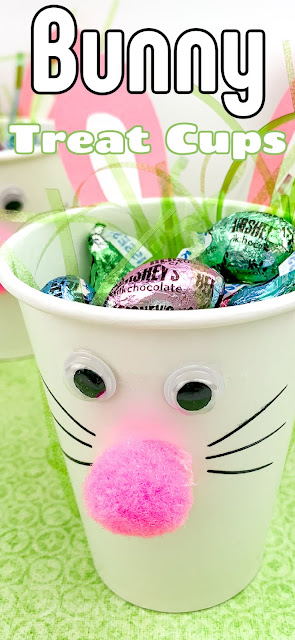 bunny treat cup with green background and text overlay.