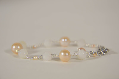 pink peach agate pearl and white off white ivory agate crystal bracelet for brides bridesmaids weddings casual stainless steel clasp handmade