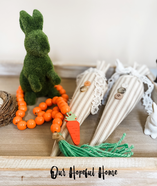moss Easter bunny orange wood bead garland ticking fabric carrots