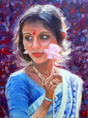 Beautiful Painting Of Indian Girl With Paper Flower By Famous Artist Peter Kupcik.