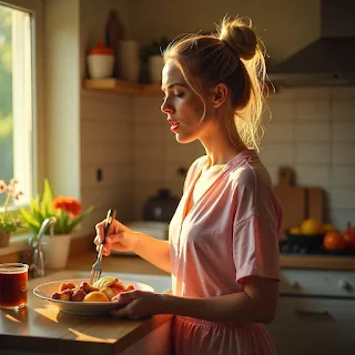 A blonde European woman with a messy bun, wearing pajamas, yawns as she makes breakfast in a sunlit kitchen on a peaceful summer morning.