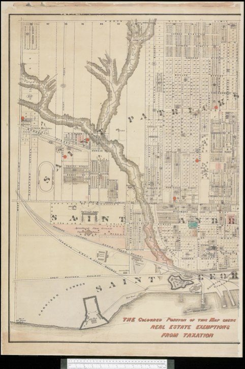 1872 Wadsworth & Unwin Map of the City of Toronto showing Tax Exemptions - W