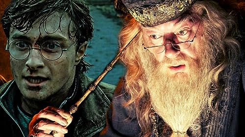 In right side shows the Dumbledore pointing the wand to his head with golden light and other side is shows Harry in dark background.