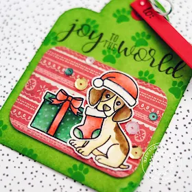 Sunny Studio Stamps: Puppy with Stocking gift tag (using Pet Sympathy, Christmas Icons, Festive Greetings, Playful Polar Bears & Crescent Tag Topper Dies) by Lexa Levana