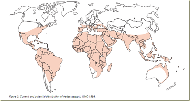 Distribución actual y potencial del Aedes Aegypti a 1998. según mapas más recientes del CDC de USA, la presencia del mosquito se limita a los estados sureños sólamente.