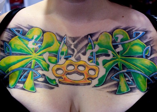 Full Color Irish chest piece tattoo with clover, brass knuckles and Celtic 