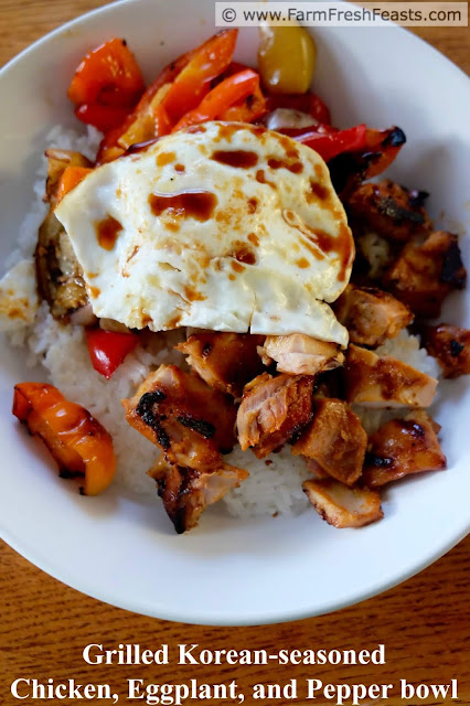 a title image of Grilled Korean-seasoned chicken, eggplant, and pepper rice bowls