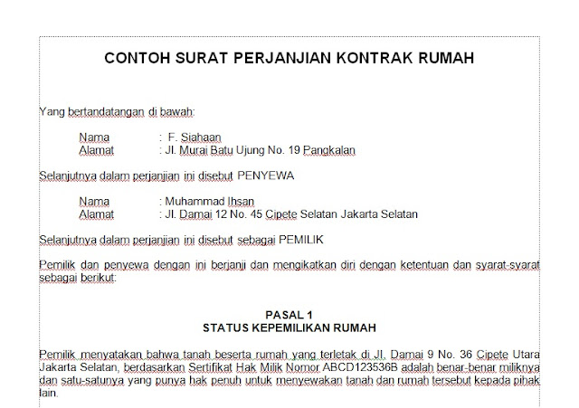 surat perjanjian kontrak rumah 1 tahun doc