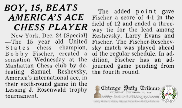 Boy, Bobby Fischer, 15, Beats America's Ace Chess Player Samuel Reshevsky