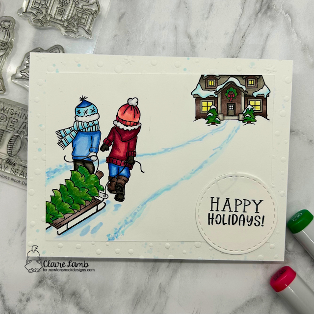 Happy Holidays by Claire features Holiday Home, Bells & Holly, Frames Squared, and Petite Snow by Newton's Nook Designs; #inkypaws, #newtonsnook, #wintercards, #christmascards, #cardmaking, #cardchallenge