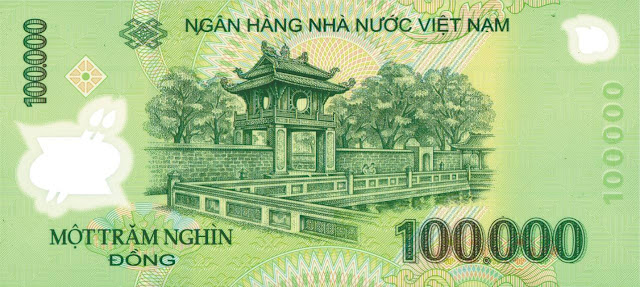 Xuất hiện trên tờ tiền 100.000 đồng polymer là hình ảnh Văn Miếu – Quốc Tử Giám. Đây được coi là một biểu tượng của sự trường tồn tinh hoa văn hóa, giáo dục, truyền thống tôn sư trọng đạo, khuyến đức, khuyến tài của dân tộc Việt.