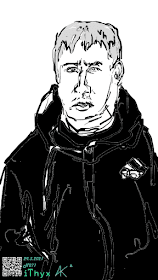 Нарисованный Андреем Бондаренко Цифровой портрет  приезжего мужчины с маской на подбородке, в чёрной куртке Адидас, тревожно озирающегося по сторонам., . Автор рисунка: художник #iThyx