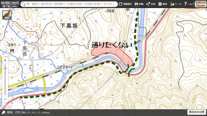 孫四郎橋が岩田の崖に架かっていた場合に想定されるトラフィックを地理院地図に追加した説明用画像