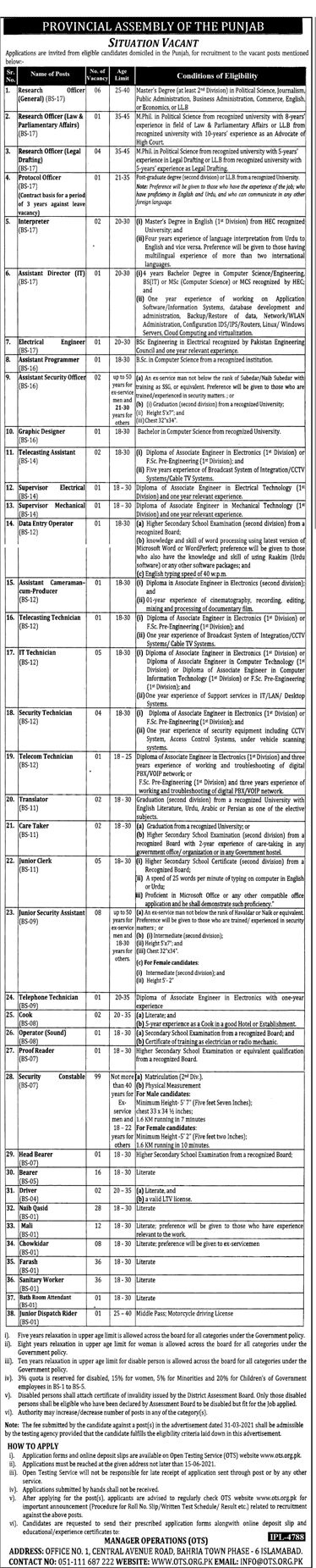 Provincial Assembly of the Punjab Jobs 2021 in Pakistan - Download Punjab Assembly Application Form - www.ots.org.pk