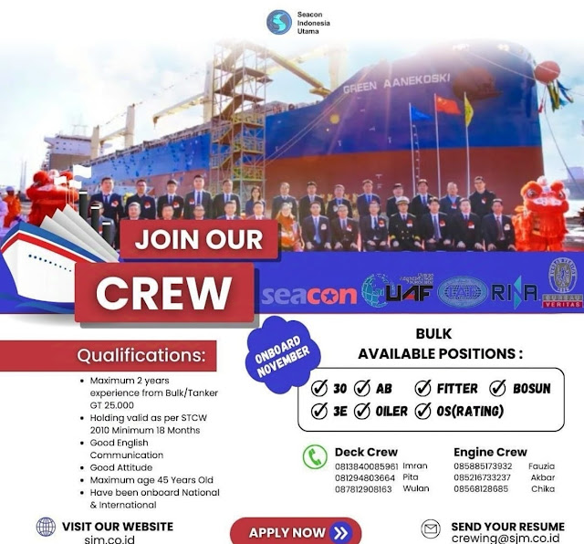 Info Job Pelaut Terbaru AB, 3O, 3E, Fitter, Bosun Oktober 2024