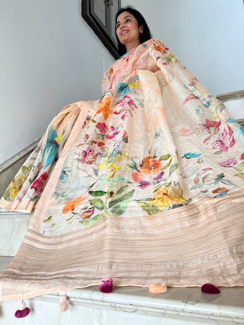 Peach linen floral digital print saree with a tussar pallu