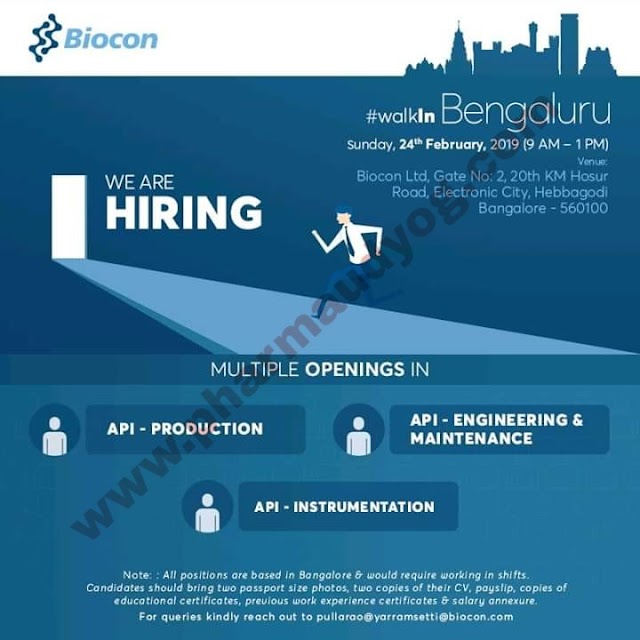 Biocon | Walk-in for Production/Maintenance/Instrumentation | 24th Feb 2019 | Bangalore