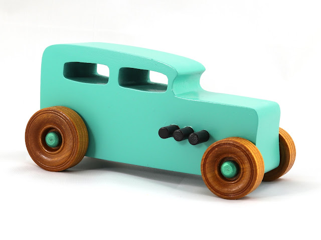 Wood Toy Car, Hot Rod 1932 Sedan, Handmade and Finished with Turquoise, Metalic Green, and Black Acrylic Paint and Amber Shellac