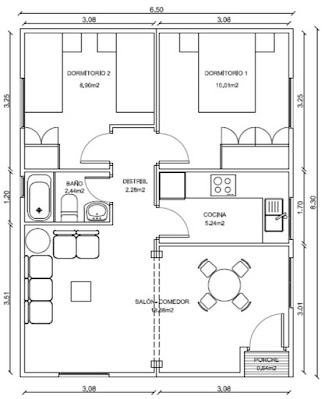 Plano arquitectónico de una casa o apartamento, incluye muebles.