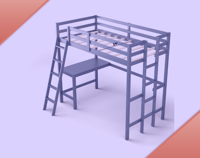 Costway Twin Loft Bed Frame w/Desk Angled and Built-in Ladder Solid Wooden Frame